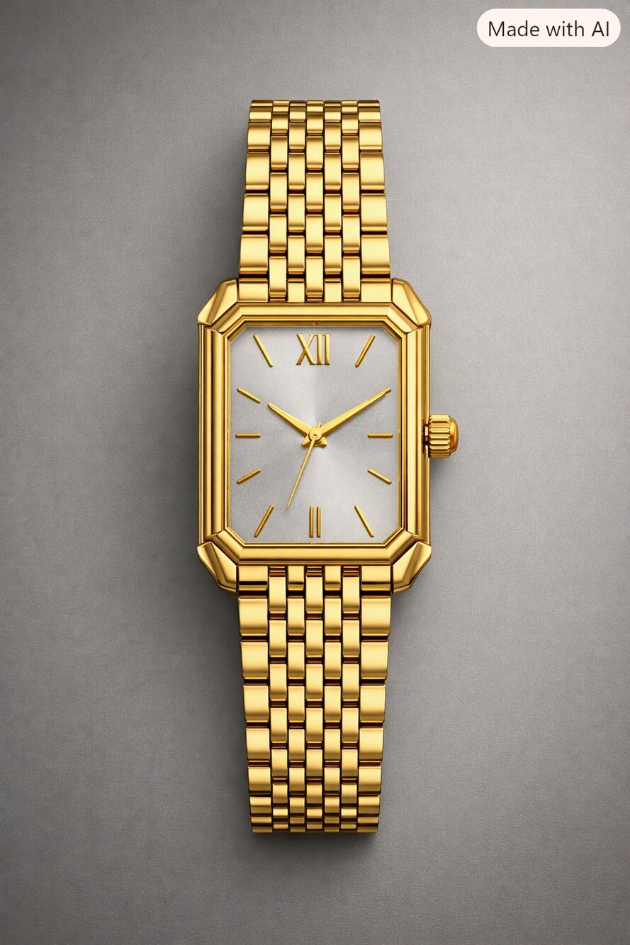 Gold Rectangular Watch with Metal Bracelet Classic Style
